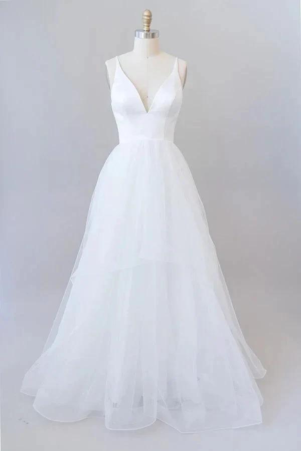 Beautiful White Long A-line V-neck Tulle Backless Wedding Dress (ZD14424)