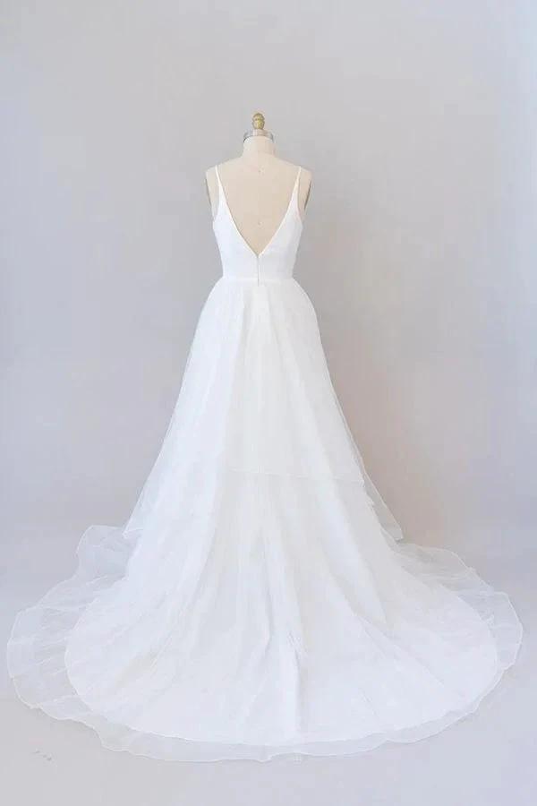 Beautiful White Long A-line V-neck Tulle Backless Wedding Dress (ZD14424)