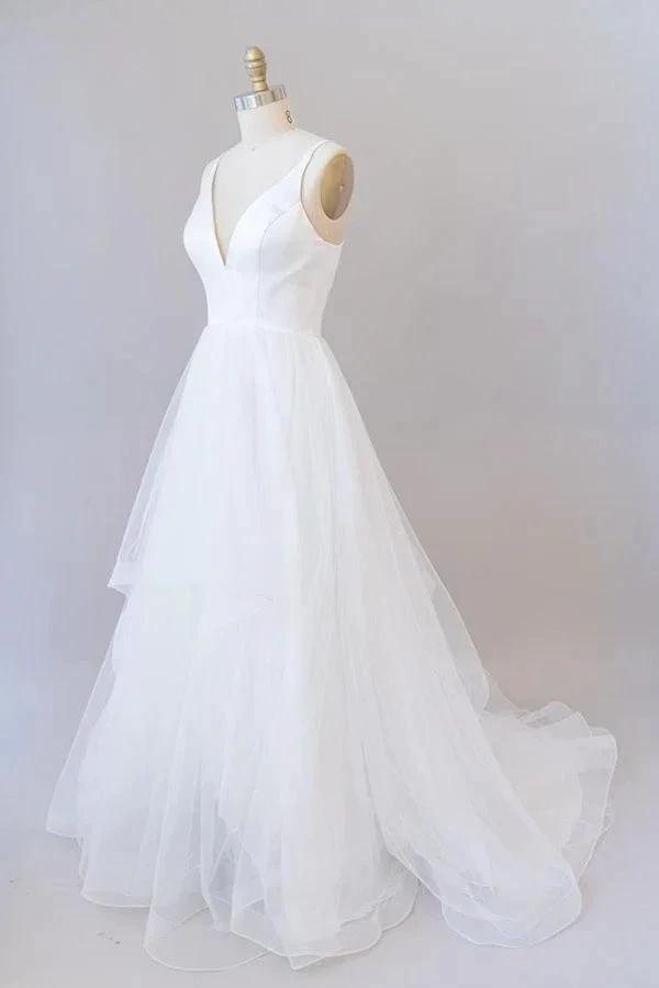 Beautiful White Long A-line V-neck Tulle Backless Wedding Dress (ZD14424) - VelvetHem