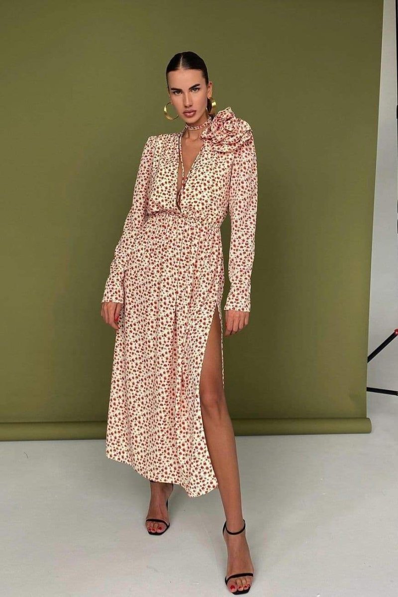 Sofía Timeless Flower V Neck Midi Dress Elevated Occasion Wear