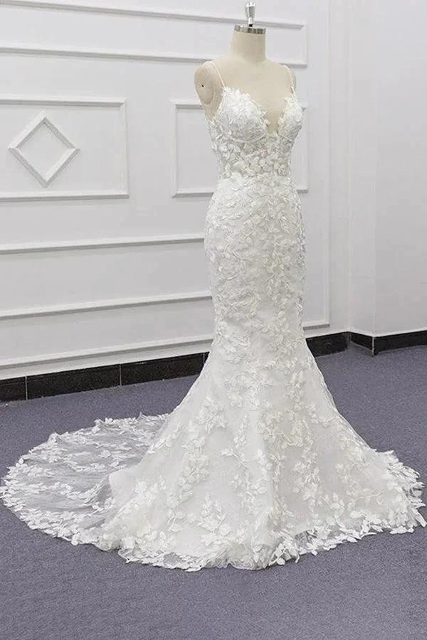 Best Long Mermaid Spaghetti Strap Appliques Lace Wedding Dress (ZD14428)