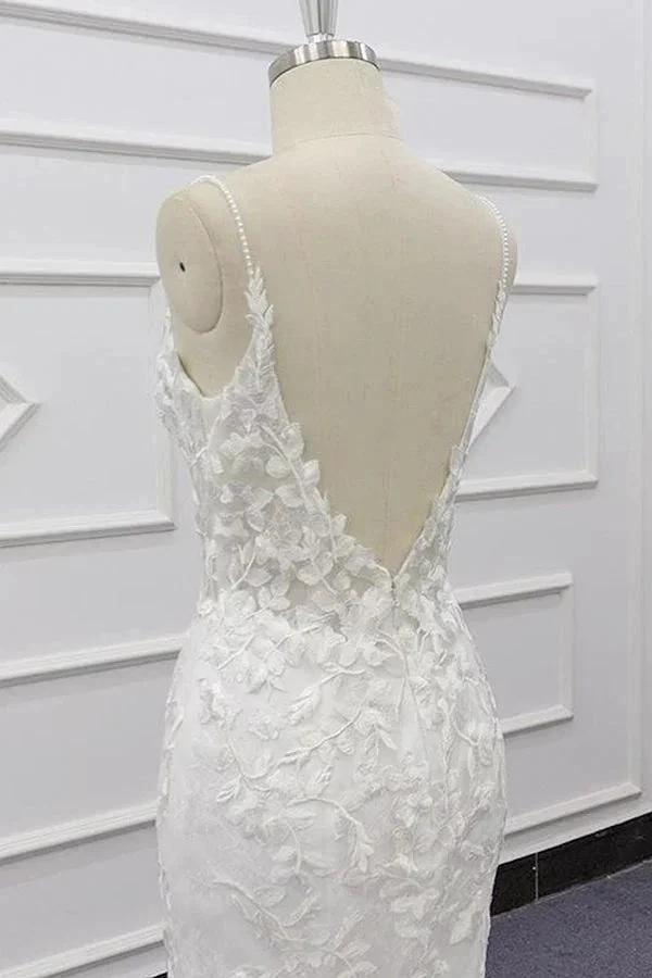 Best Long Mermaid Spaghetti Strap Appliques Lace Wedding Dress (ZD14428)