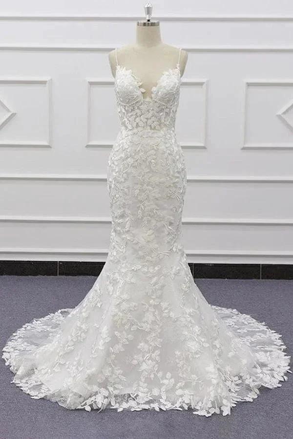 Best Long Mermaid Spaghetti Strap Appliques Lace Wedding Dress (ZD14428)