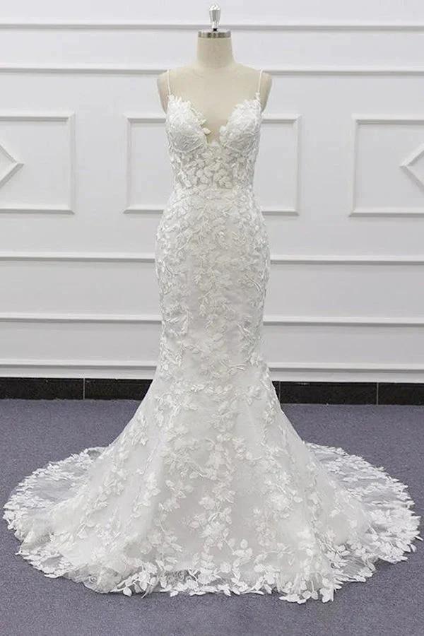 Best Spaghetti Strap Appliques Mermaid Wedding Dress (ZD13919) - VelvetHem