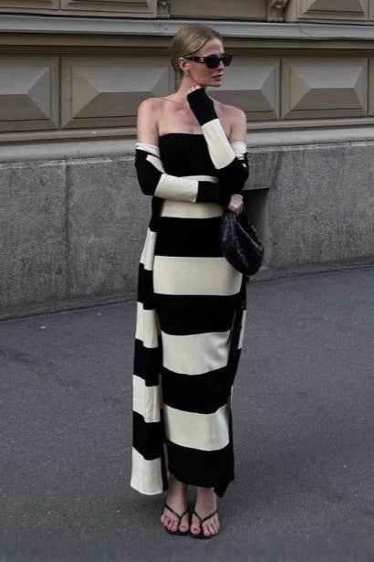 High-Waisted Knit Striped Work Dress - VelvetHem