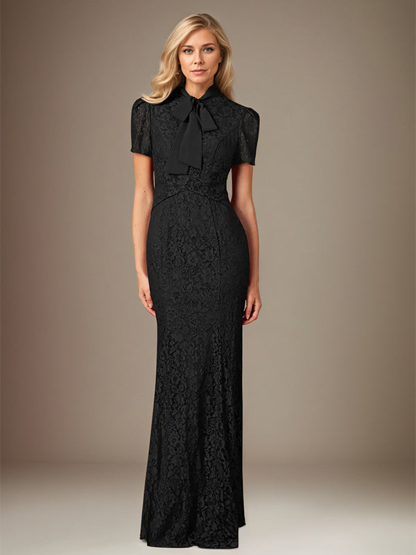 Black Chiffon Bow Tie Neckline Short Sleeves Floor Length Dress With Appliques - VelvetHem