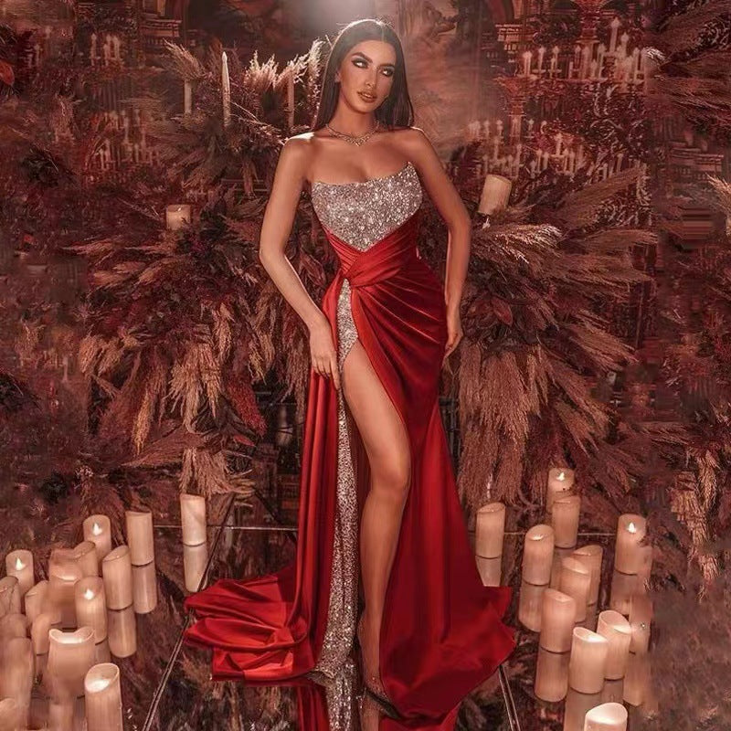 High Slit Floral Sequin Prom Dress - VelvetHem