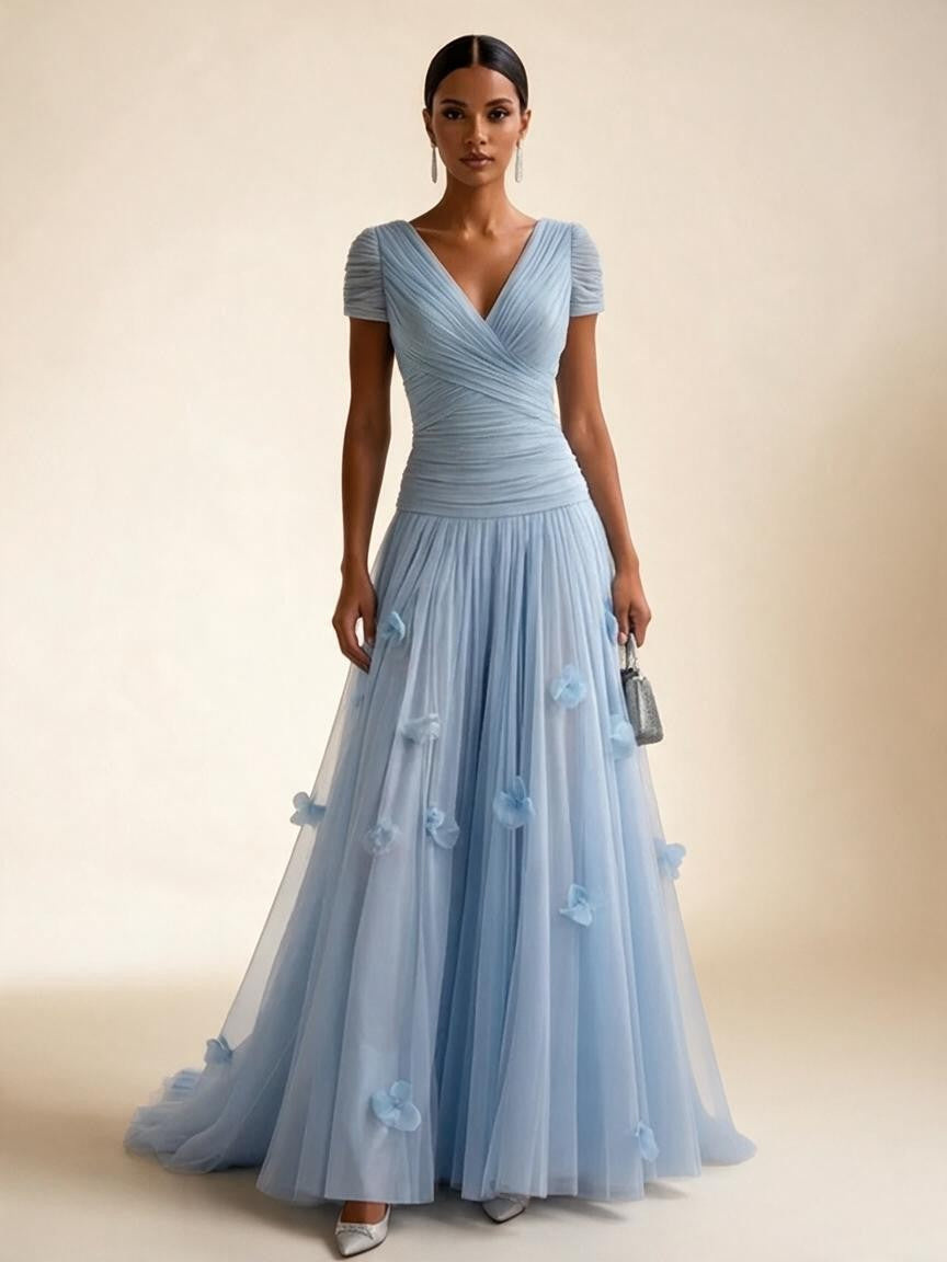 Light Blue Short-Sleeve Tulle Gown Evening Dress with 3D Flower V Neck Pleat Maxi Dress - VelvetHem