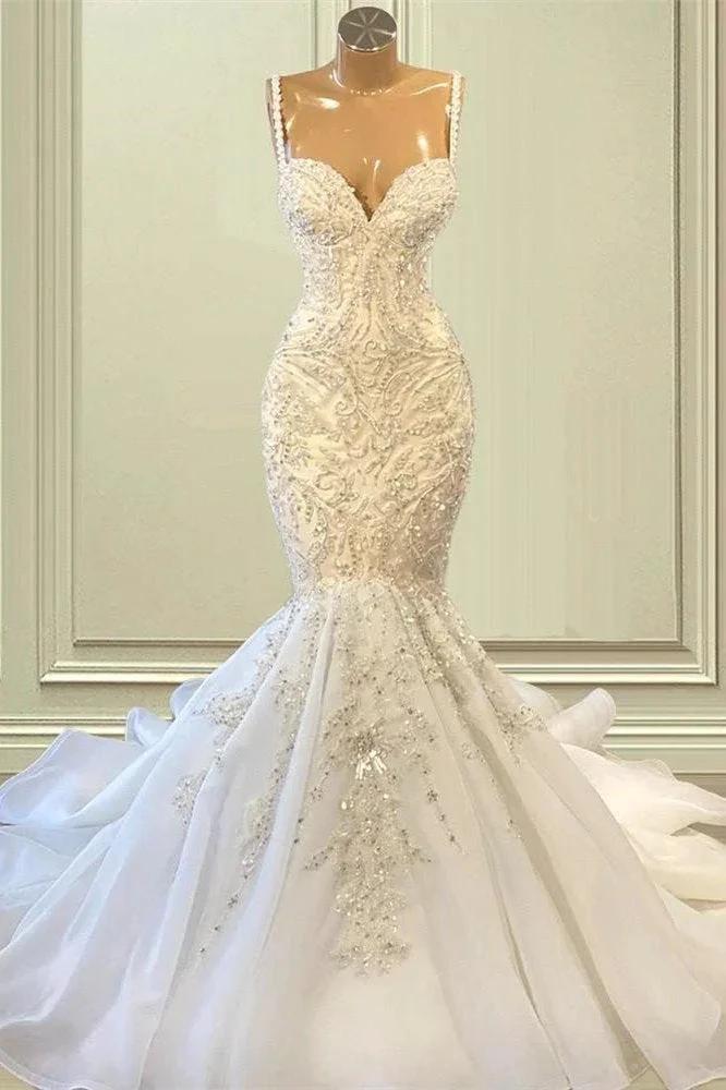 Biztunnel Elegant Long Mermaid Sweetheart Sleeveless Tulle Lace Wedding Dress (ZD16720) - VelvetHem
