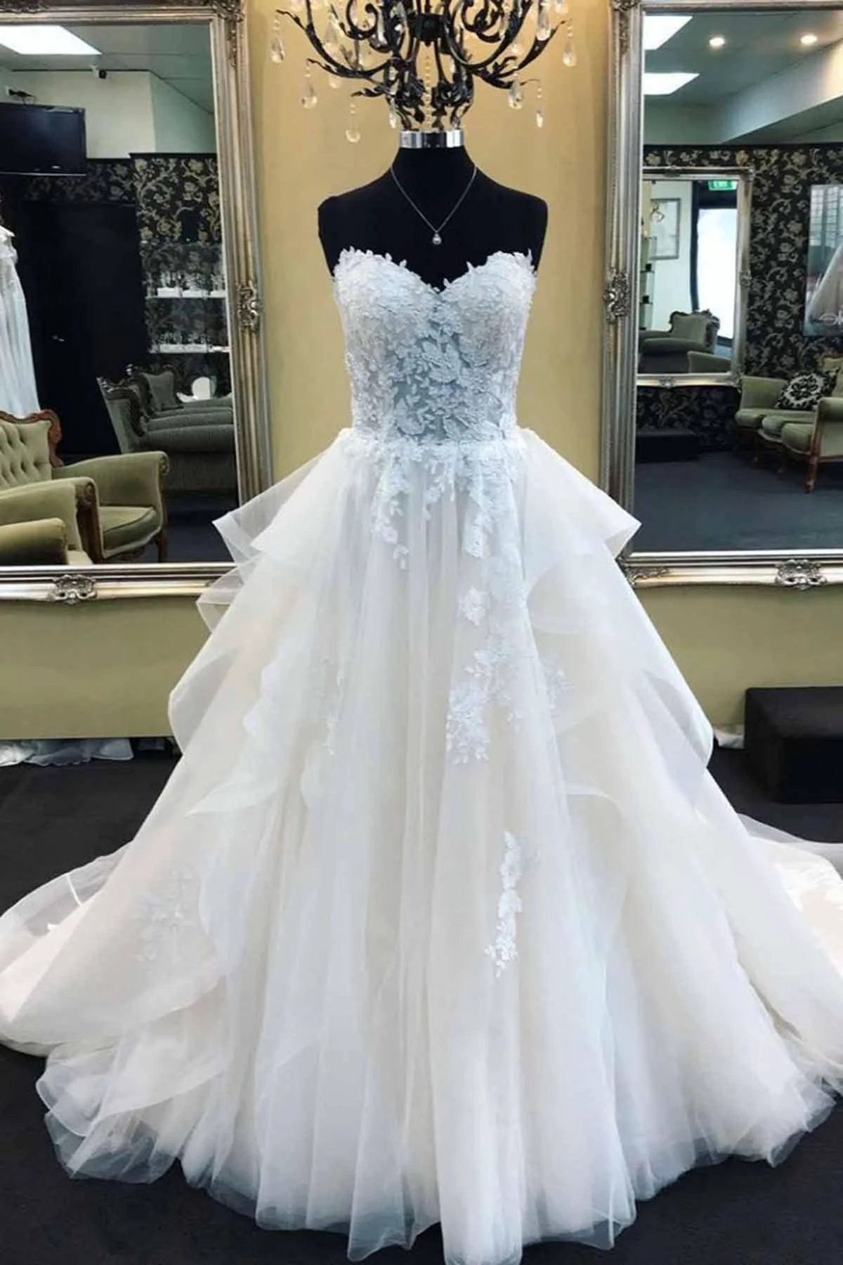 Biztunnel Long A-Line Strapless Lace Tulle Wedding Dress (ZD15829) - VelvetHem