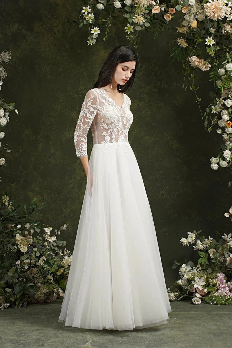 Biztunnel Long A-line Sweetheart Chiffon Lace Wedding Dresses with Sleeves (ZD16714)
