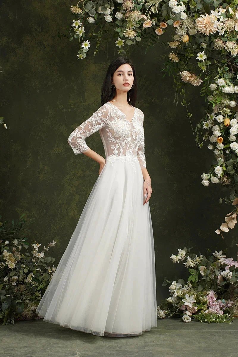 Biztunnel Long A-line Sweetheart Chiffon Lace Wedding Dresses with Sleeves (ZD16714)