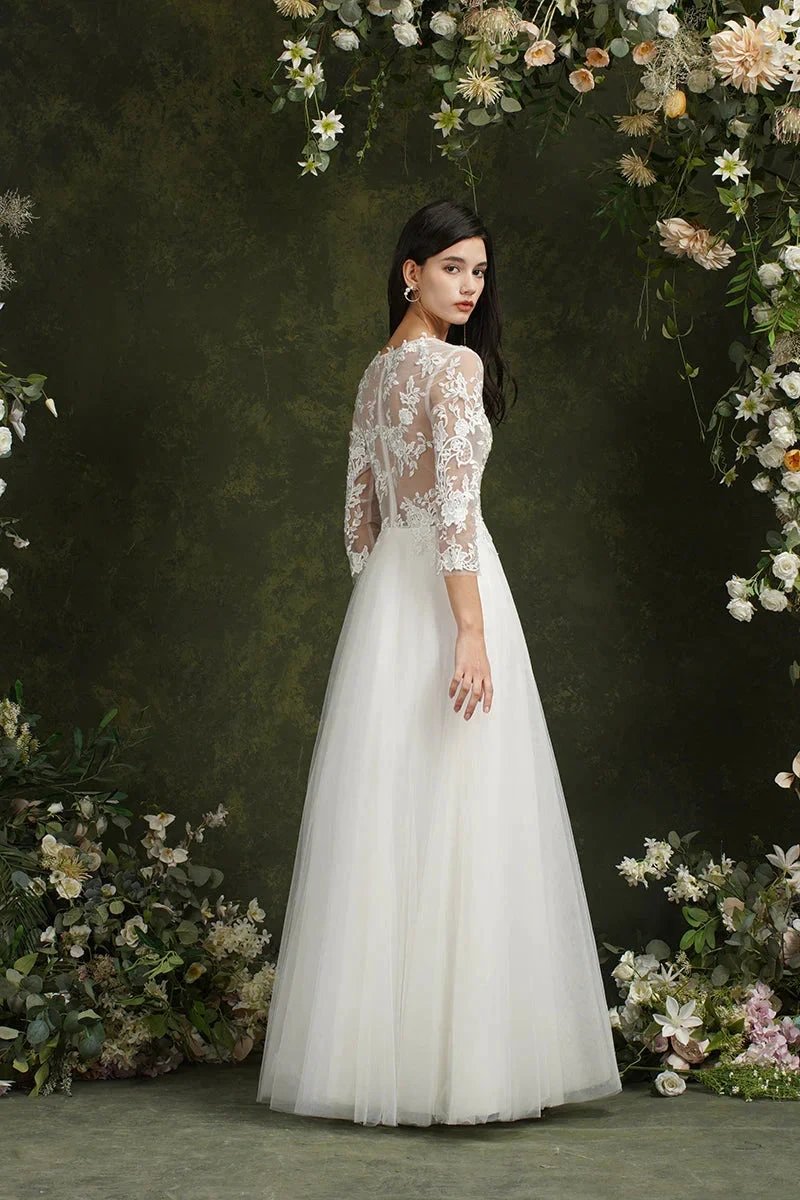 Biztunnel Long A-line Sweetheart Chiffon Lace Wedding Dresses with Sleeves (ZD16714)