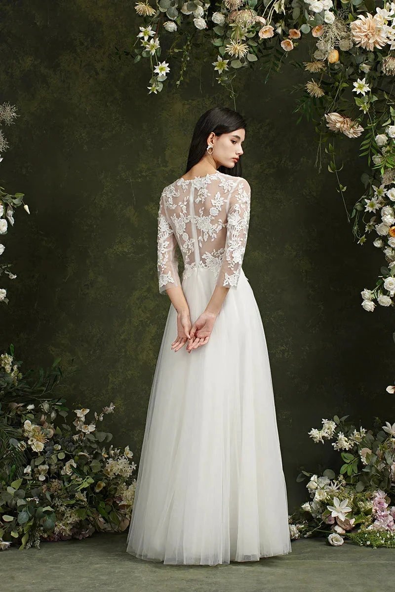 Biztunnel Long A-line Sweetheart Chiffon Lace Wedding Dresses with Sleeves (ZD16714)