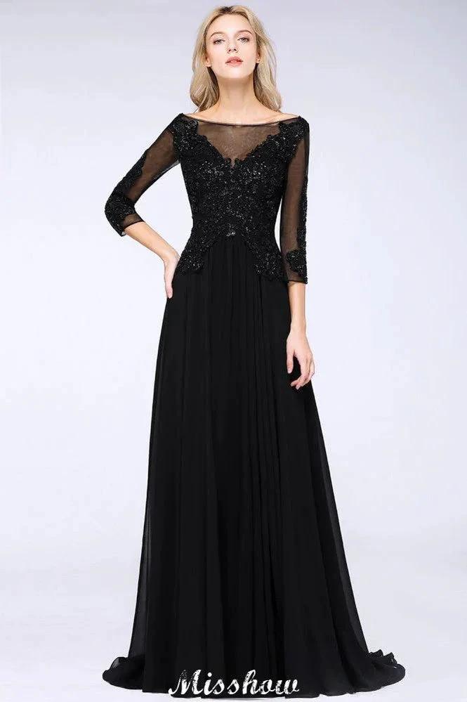 Black 3/4 Sleeves Beads A-Line Appliques Bridesmaid Dresses Tulle Party Dress (ZD12929) - VelvetHem