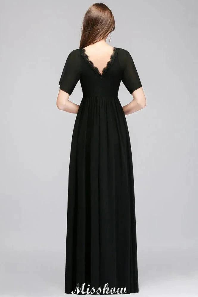 Black Chiffon A-line Bridesmaid Dress V-Neck Floor Length (ZD12921)