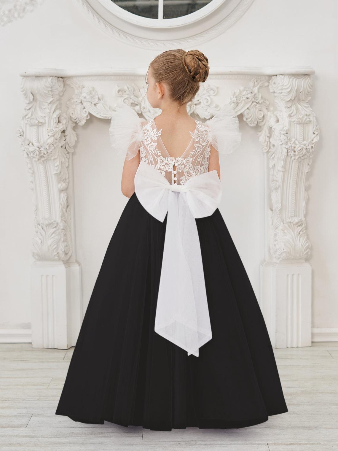 Detachable Lace Tulle Sweep Train Flower Girl Dress