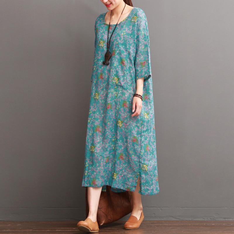 blue floral linen dresses for summer half sleeve