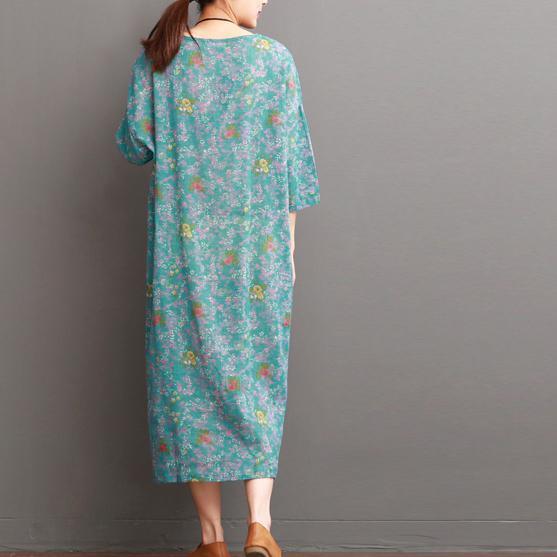blue floral linen dresses for summer half sleeve