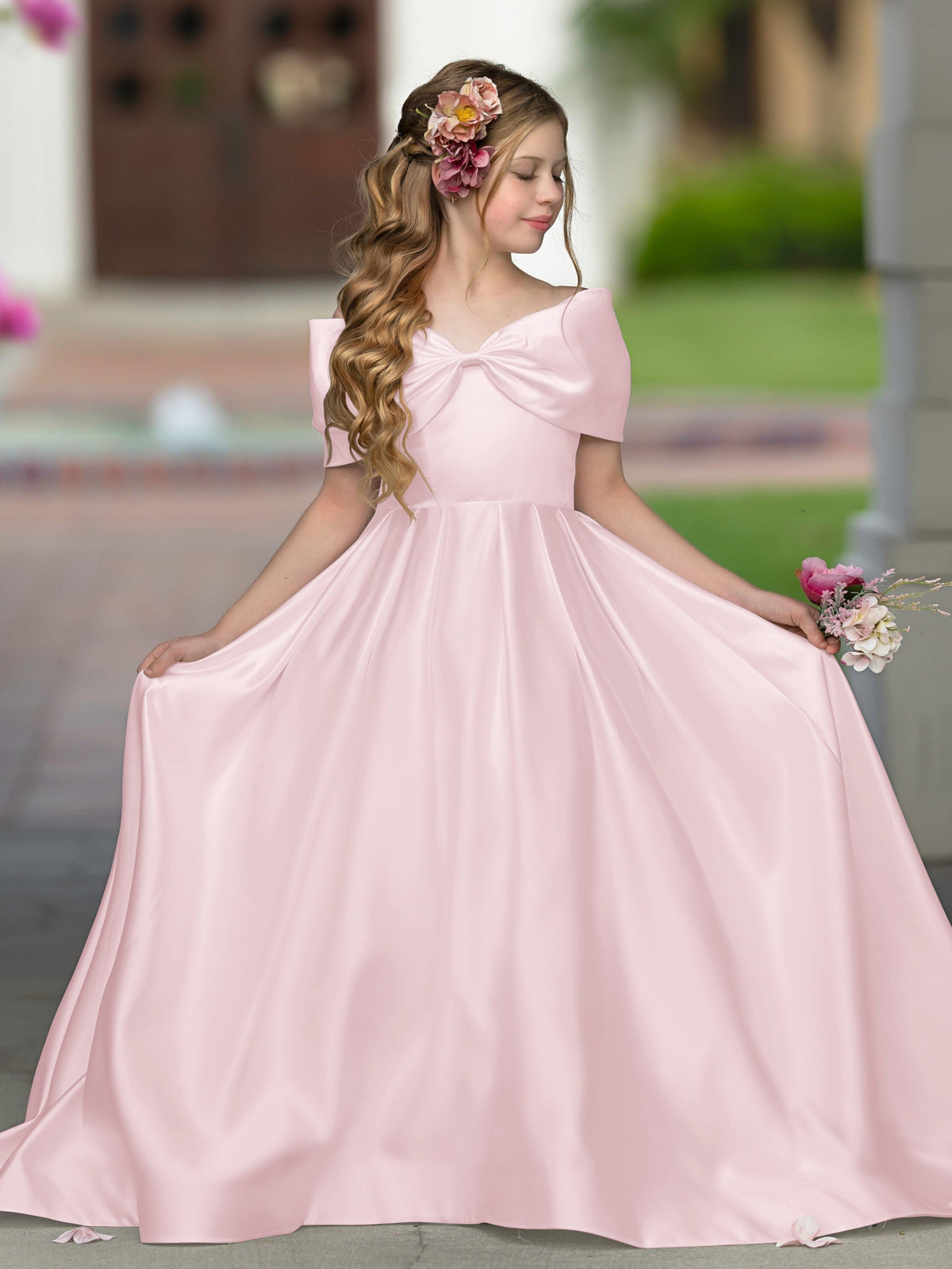 Elegant Ivory Satin Princess Ball Gown with Sweep Train and Bow for Flower Girls - VelvetHem