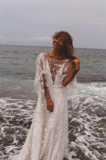 Boho A-Line Long Sleeves Backless Wedding Dresses With Lace (ZD16552)