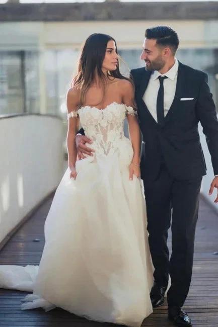 Boho A-Line Tulle Off-the-shoulder Wedding Dresses with Lace (ZD14705) - VelvetHem