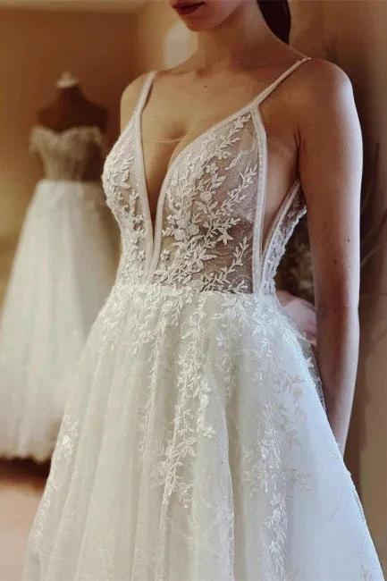 Boho A-line V-neck Backless Sleeveless Wedding Dresses With Lace (ZD14924)
