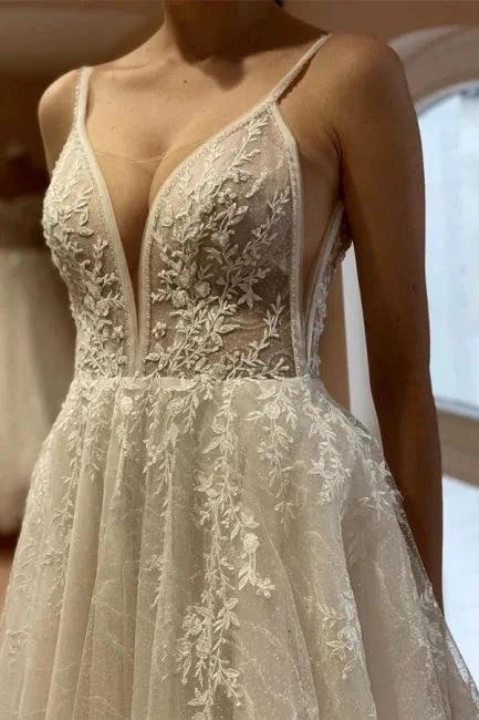 Boho A-line V-neck Backless Sleeveless Wedding Dresses With Lace (ZD14924)