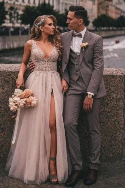 Boho A-line V-Neck Slit Wedding Dresses with Lace (ZD16434)