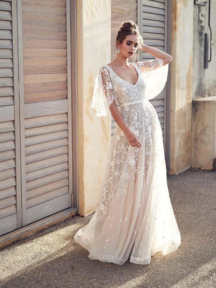 Boho Long A-line V Neck Lace Tulle Wedding Dresses with Sleeves (ZD15903) - VelvetHem