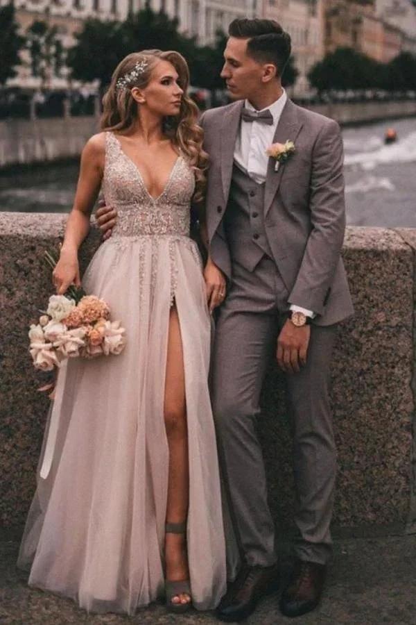 Boho Long A-line V-neck Tulle Appliques Lace Wedding Dress with Slit (ZD14358) - VelvetHem