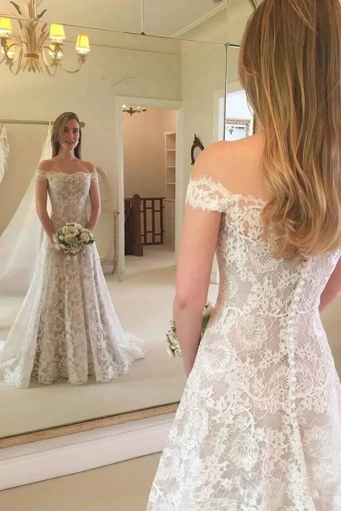 Boho Long Mermaid Off the Shoulder Lace Wedding Dress (ZD15857) - VelvetHem