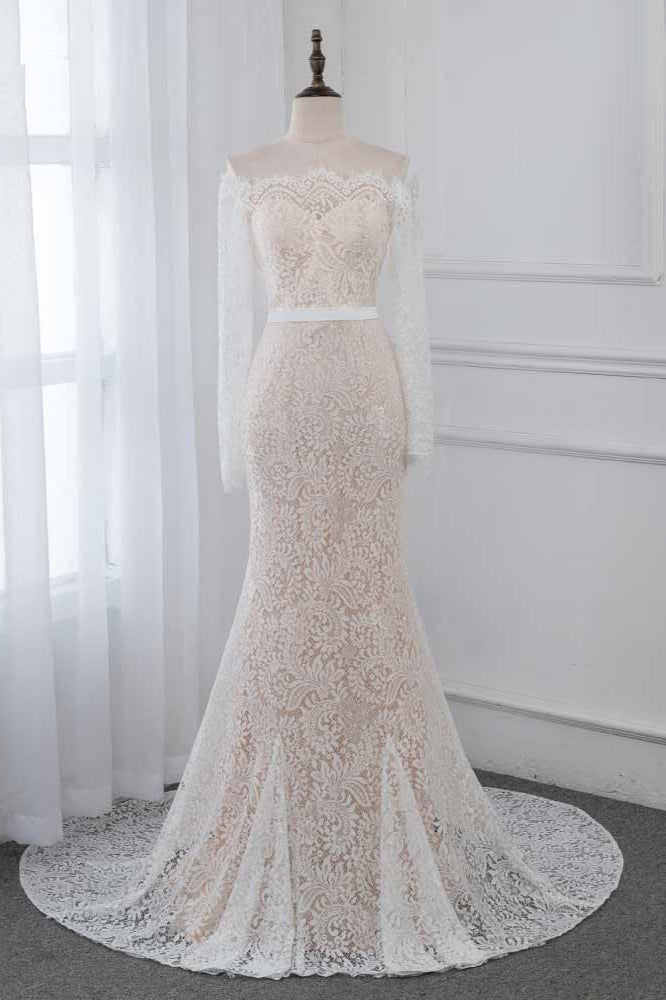 Boho Off-the-Shoulder Champagne Wedding Dresses Long Sleeves Mermaid Appliques Bridal Gowns (ZD17455) - VelvetHem