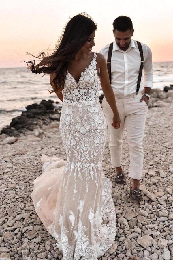 Boho Sleeveless Floral Mermaid Wedding Dress Backless Bridal Gown (ZD16569) - VelvetHem