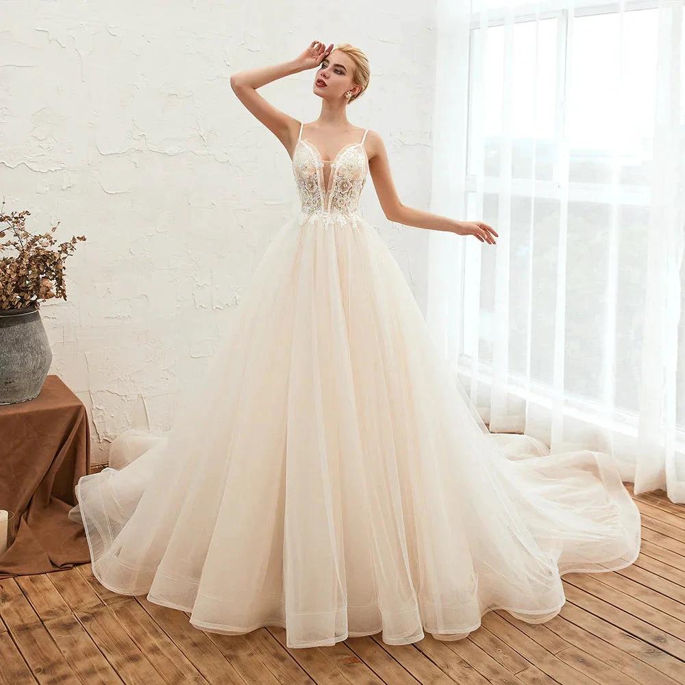 Boho Spaghetti Straps Ivory Ball Gown Tulle Aline Wedding Dress (ZD13924) - VelvetHem