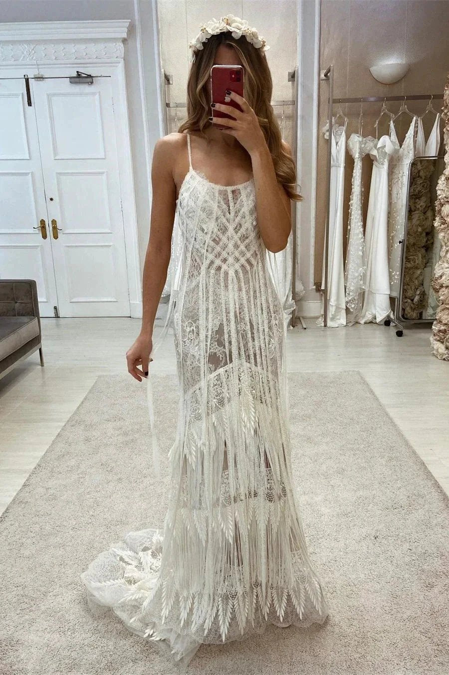 Boho Spaghetti Straps Lace Sleeveless Floor Length Wedding Dress (ZD14577)