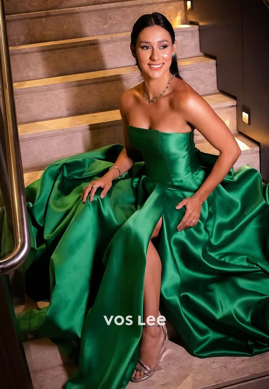 Solid Green Strapless with Slit A-Line Evening Dress Formal Party Dresses - View 2 | VelvetHem