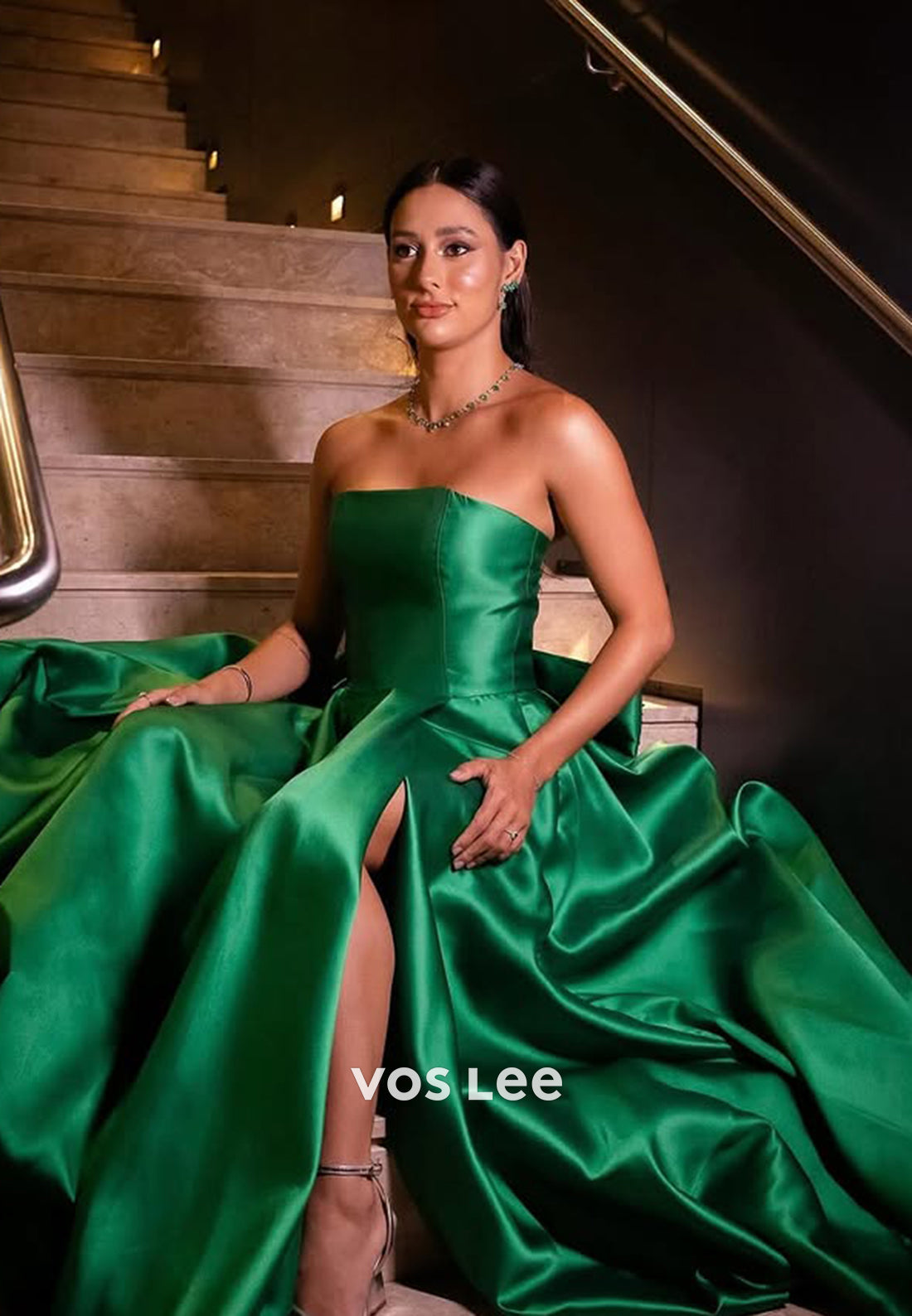 Solid Green Strapless with Slit A-Line Evening Dress Formal Party Dresses - View 3 | VelvetHem