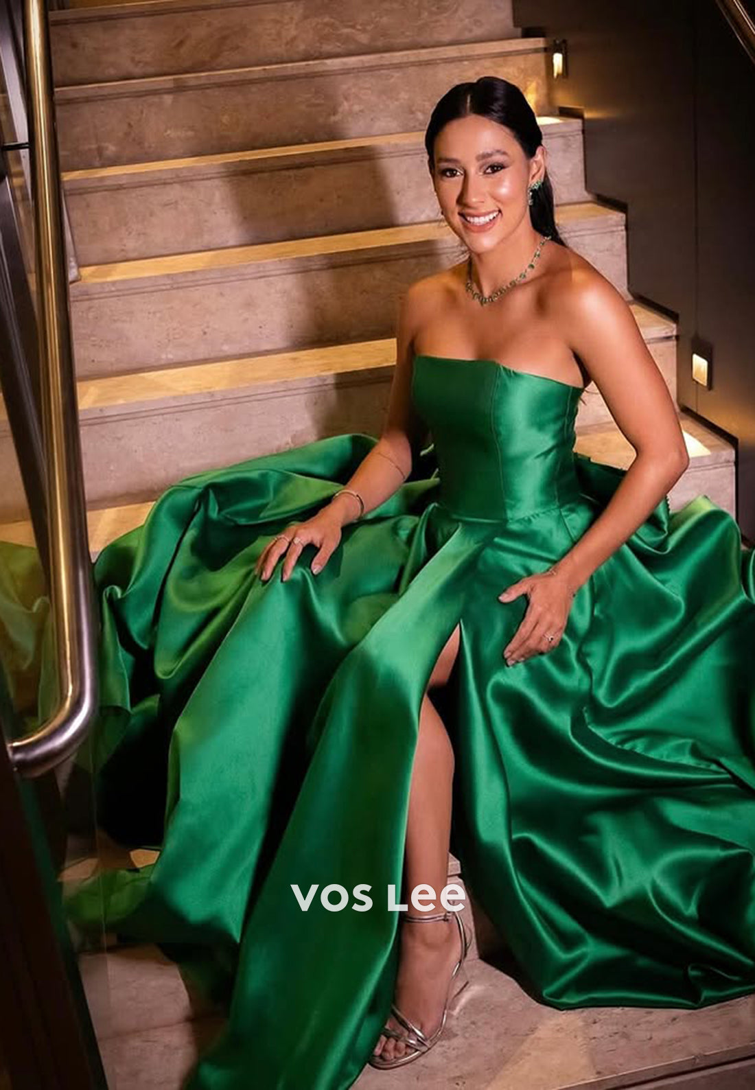 Solid Green Strapless with Slit A-Line Evening Dress Formal Party Dresses - VelvetHem
