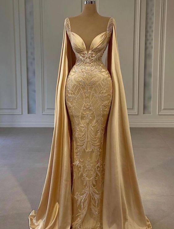 Mermaid V Neck Long Prom Dress Satin Evening Dress - VelvetHem