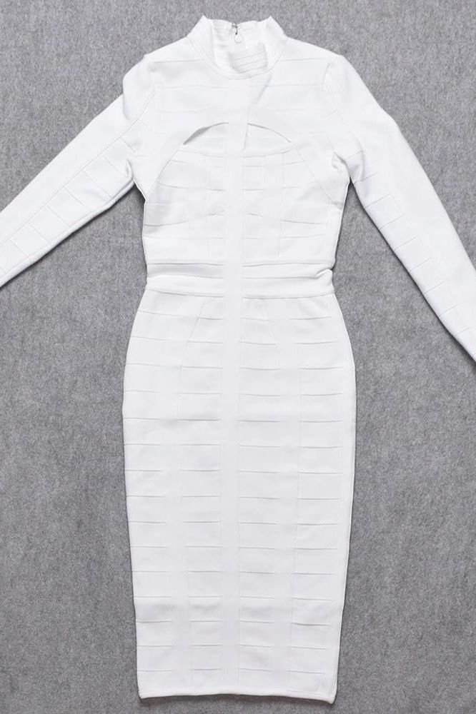 Brooke Long Sleeve Bandage Midi Dress - White Pearl