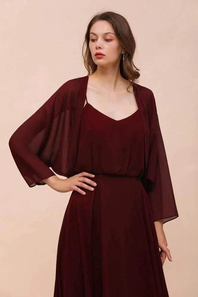 Burgundy Bridesmaid Dresses Spaghetti Straps Chiffon Floor Length Wedding Guest Dress with Back Cape Wraps by misshow.com