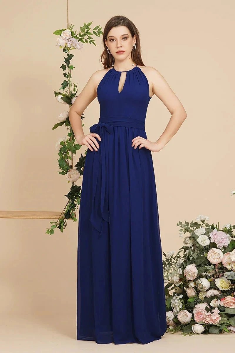 Burgundy Halter A-line Floor Length Bridesmaid Dresses with Bow Sash (ZD13058)