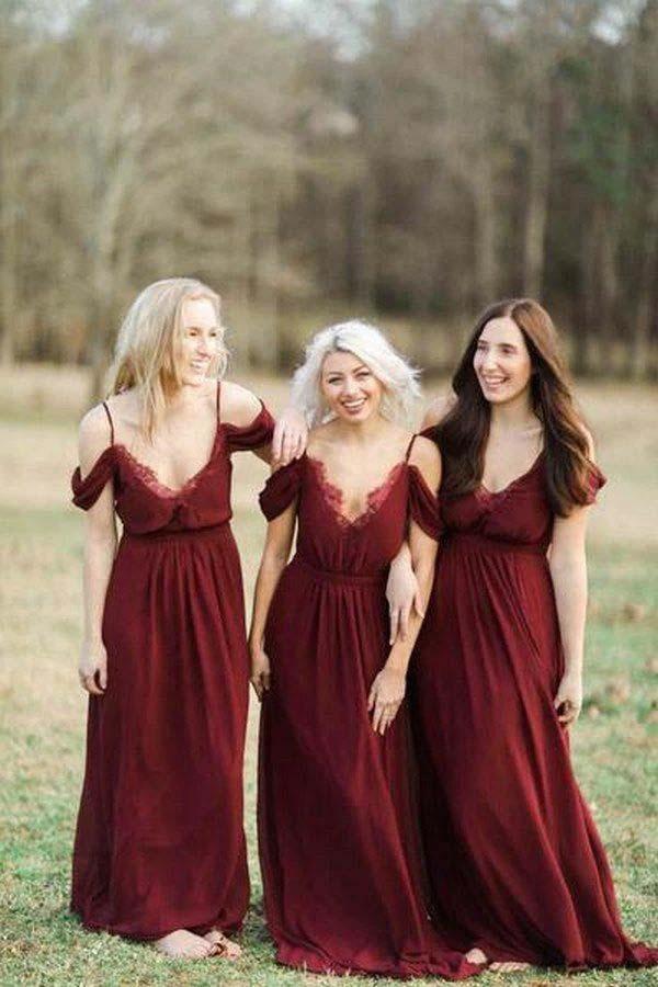 Burgundy Long Chiffon Bridesmaid Dress Wedding Party Dress (ZD13244) - VelvetHem