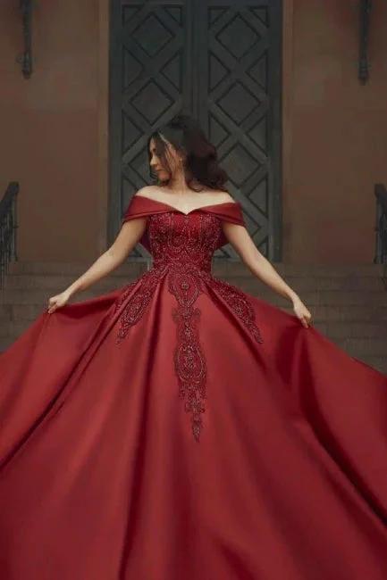 Burgundy Off-the-shoulder A-Line Satin Wedding Dresses Bridal Gowns With Lace (ZD16551)