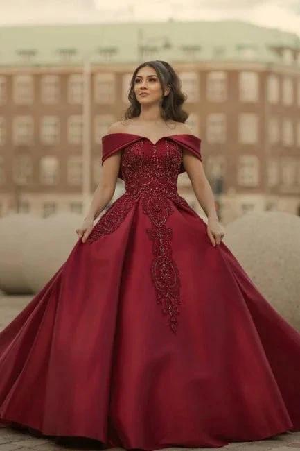 Burgundy Off-the-shoulder A-Line Satin Wedding Dresses Bridal Gowns With Lace (ZD16551)