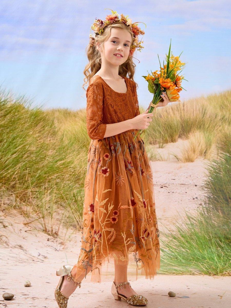 Burnt Orange Lace Tulle Embroidered Ankle Length Flower Girl Dress - VelvetHem