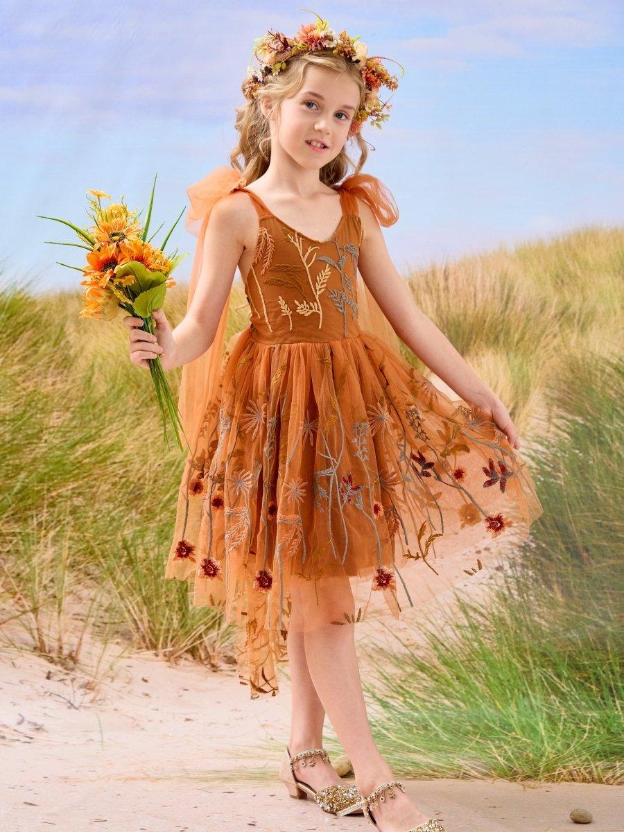 Burnt Orange Lace Tulle Embroidered Toddler Knee Length Flower Girl Dress - VelvetHem