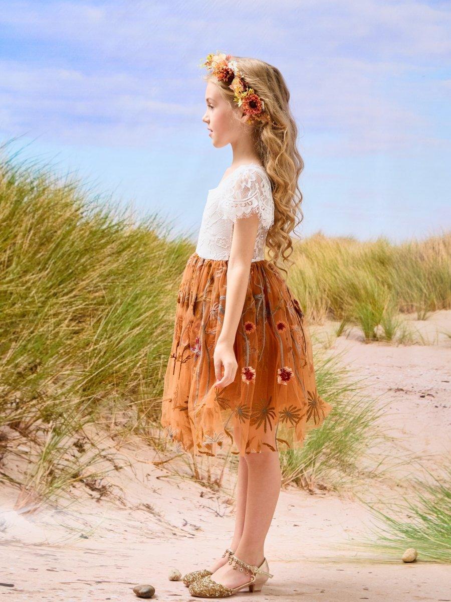 Burnt Orange White Lace Tulle Embroidered Knee Length Flower Girl Dress - VelvetHem