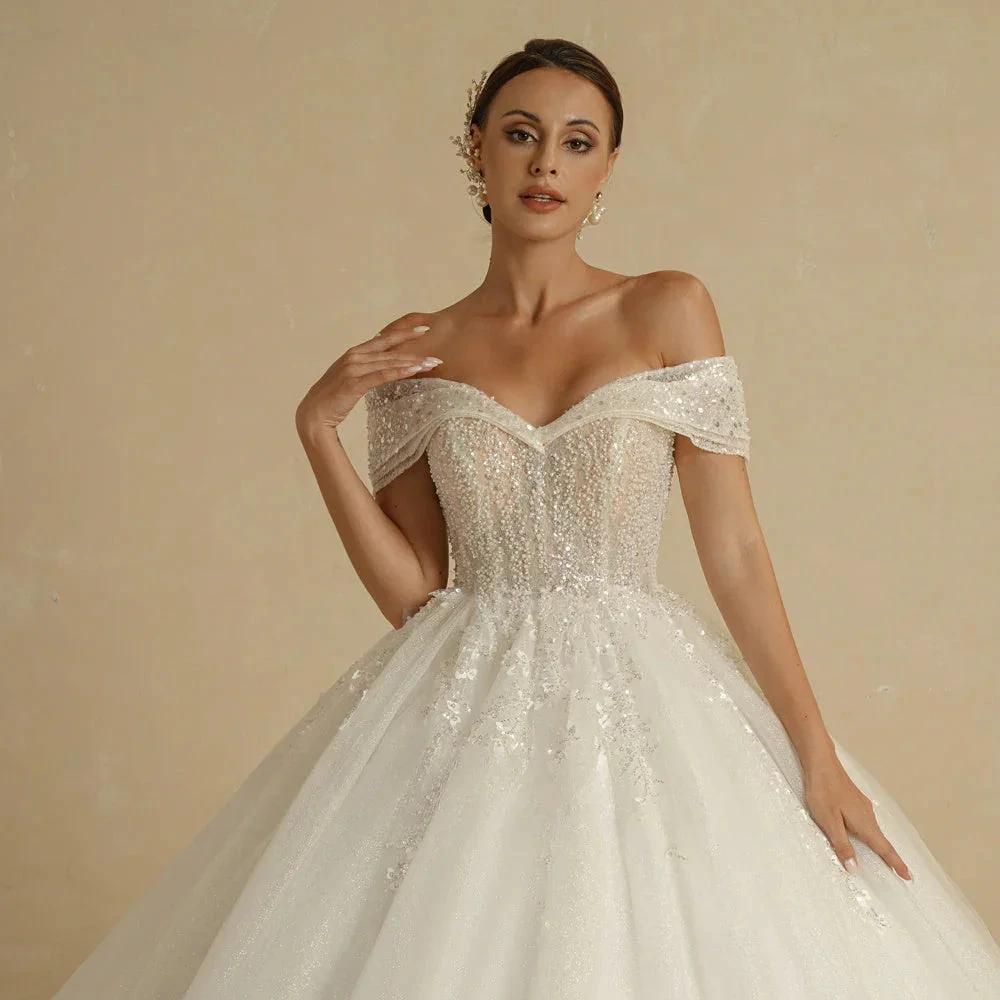Ivory Beading Princess Wedding Dresses For Bride Off The Shoulder Sleeveless Women Glitter Ball Bridal Gown Robes (ZD13428)